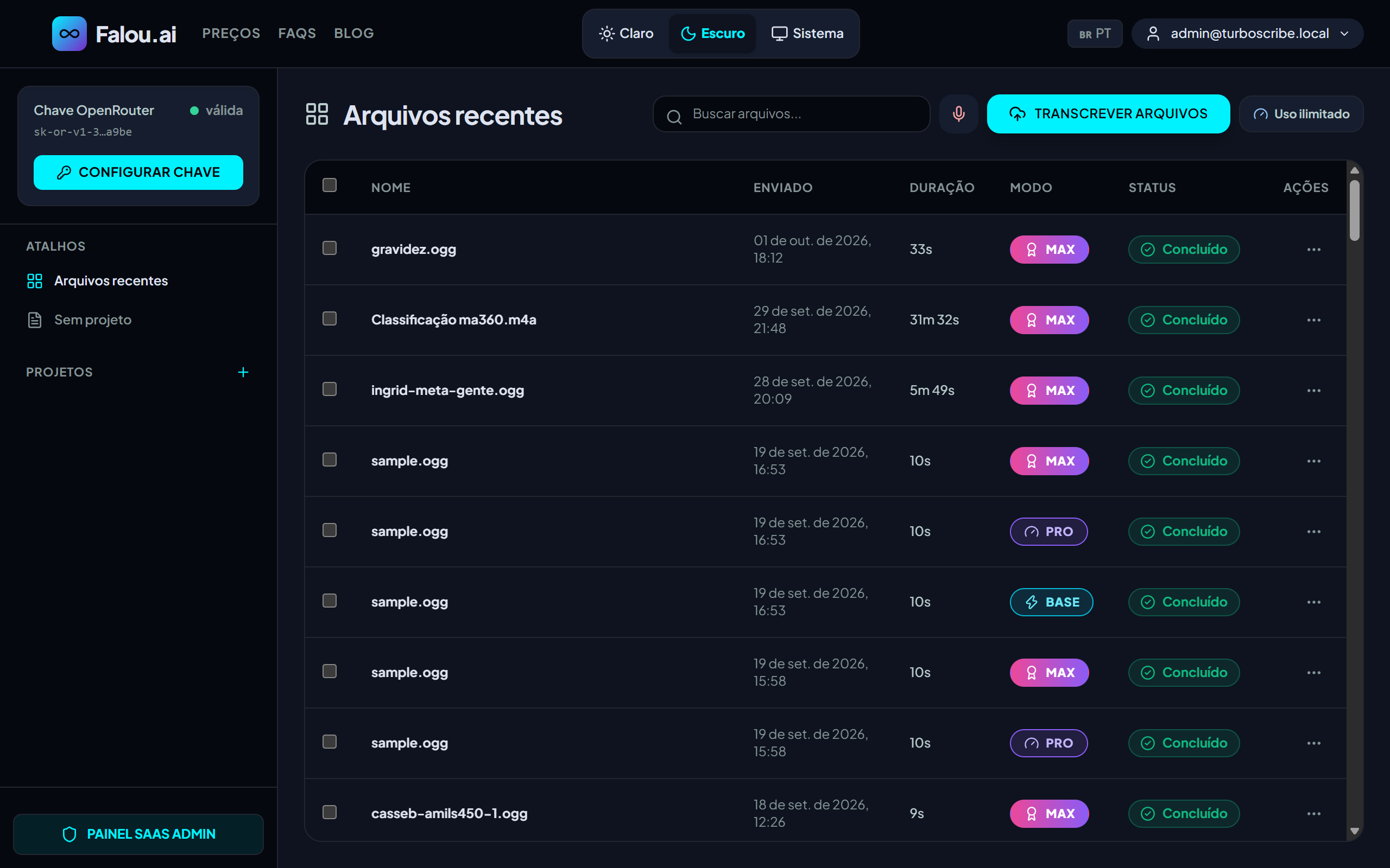 Dashboard do Falou.ai com lista de transcrições e modos Base, Pro e Max