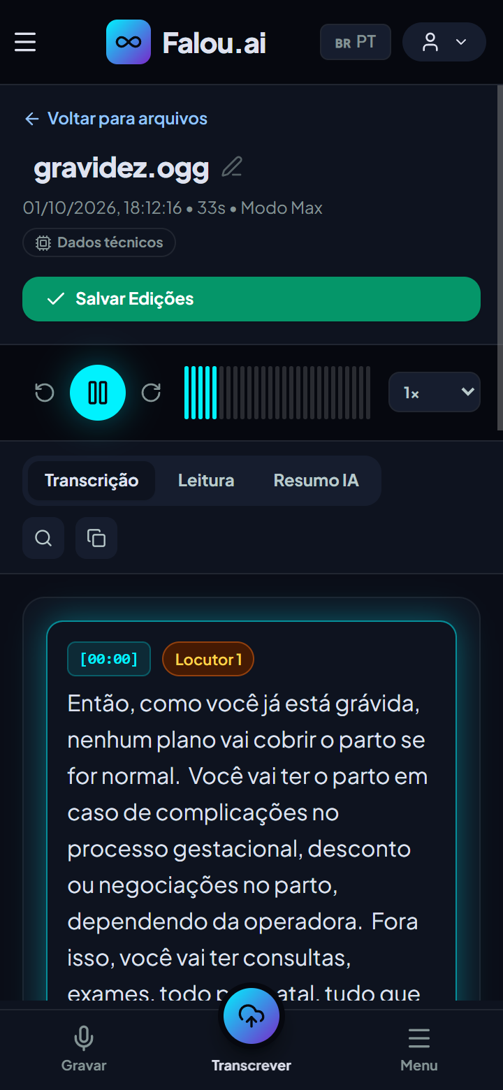 Falou.ai no celular: editor com player e transcrição