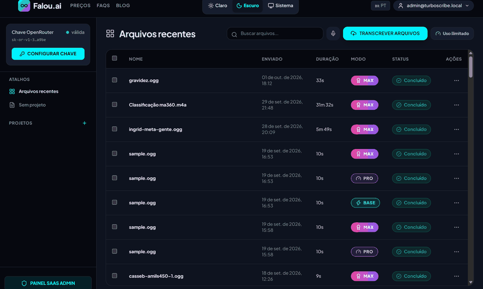 Tour do Falou.ai: dashboard, editor com player e karaokê, e busca no texto